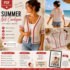 Peut inclure: Un modèle de crochet pour un gilet d'été en filet blanc avec des bordures rouges. Le document PDF téléchargeable comprend des instructions pour réaliser ce vêtement léger, la liste du matériel et le niveau de compétence requis.