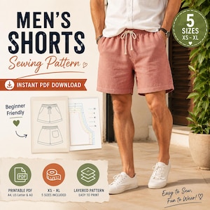 Peut inclure: Un patron de couture numérique pour short, avec le texte MEN'S SHORTS Sewing Pattern, INSTANT PDF DOWNLOAD, Beginner Friendly, 5 SIZES XS-XL, PRINTABLE PDF A4, US Letter & A0, et Easy to Sew, Fun to Wear. Inclut des schémas de shorts.