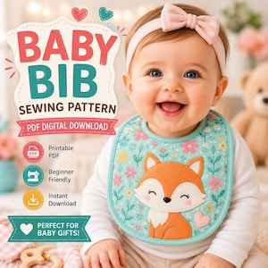 Peut inclure: Un patron de couture pour bavoir de bébé en téléchargement numérique PDF avec un fond bleu sarcelle à motif floral et un graphique central de renard orange. Le texte indique BABY BIB SEWING PATTERN PDF DIGITAL DOWNLOAD, Printable PDF.