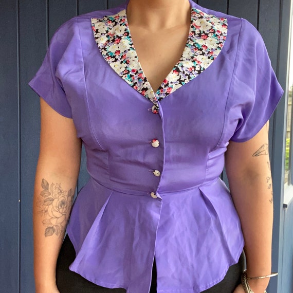 Vintage women's handmade purple floral flower blou