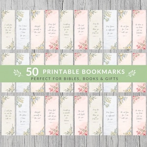 Könnte beinhalten: Eine Sammlung von 50 druckbaren Lesezeichen mit floralen und botanischen Designs. Jedes Lesezeichen zeigt ein inspirierendes Zitat und zarte Aquarellblumen in Rosa, Weiß und Grün. Der Text "50 Printable Bookmarks" ist zu sehen.