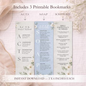 May include: Three printable bookmarks with floral accents. Each bookmark features a different Bible study method: A.C.T.S Prayer Method, S.O.A.P Bible Study Method, and Bible Emergency Numbers. The bookmarks are 5 x 15 cm each.