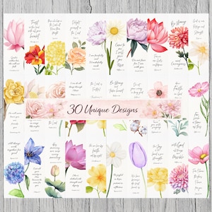 May include: A collection of 30 unique floral design bookmarks. Each bookmark features a watercolor flower illustration and an inspirational quote. The bookmarks are in various colors, including pink, yellow, and blue, with text in a classic font.