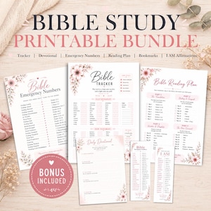 Könnte beinhalten: Ein druckbares Bibelstudien-Bundle mit Tracker, Andacht, Notfallnummern, Leseplan, Lesezeichen und ICH BIN-Affirmationen. Das Design umfasst florale Akzente und den Text "BIBLE STUDY PRINTABLE BUNDLE".