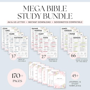 Puede incluir: Un paquete digital de estudio bíblico con más de 170 páginas de plantillas, incluyendo 37 hombres de la Biblia, 27 mujeres de la Biblia, 66 estudios de libros y más de 45 plantillas de diario. Compatible con formatos A4, US Letter y Goodnotes.