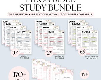 May include: A digital Bible study bundle featuring 170+ pages of templates, including 37 Men of the Bible, 27 Women of the Bible, 66 Book Studies, and 45+ journal templates. The documents are compatible with A4 and US Letter sizes and Goodnotes.