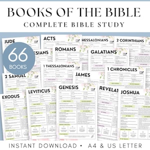 Puede incluir: Una colección de hojas de trabajo de estudio bíblico blancas con detalles florales y texto negro. Cada página lleva el título de un libro de la Biblia, como Génesis, Éxodo o Hechos. Un gráfico circular azul muestra el texto 66 BOOKS. La parte superior dice BOOKS OF THE BIBLE COMPLETE BIBLE STUDY, y la inferior dice INSTANT DOWNLOAD • A4 & US LETTER.