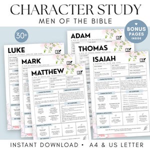 Könnte beinhalten: Ein digitaler Charakter-Studienführer mit dem Titel Character Study Men of the Bible, der mehrere druckbare Seiten für Figuren wie Lukas, Markus, Matthäus, Thomas und Jesaja enthält. Jede Seite bietet Abschnitte zu Charakterzügen und Lehren.