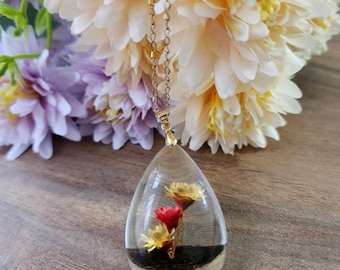 Pressed Flower Resin Necklace, Real Flower Teardrop Pendant, Handmade Botanical Jewelry