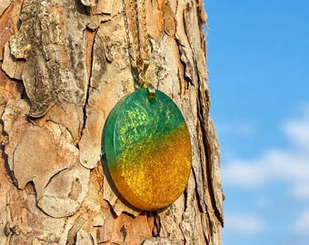 Handmade Green Gold Epoxy Pendant, Woodland Gift for Her, Handmade Elegant Necklace