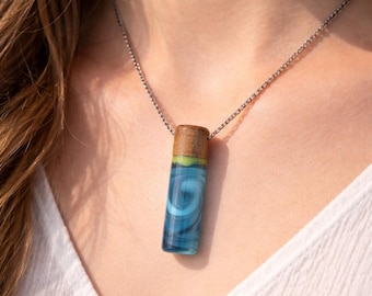 Blue Ocean Necklace, Handmade Resin Wood Pendant, Unique Spiral Jewelry, Minimalist Necklace