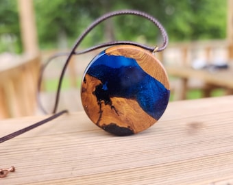 Handmade Wood Resin Necklace, Nature Inspired Pendant, Blue Resin Jewelry
