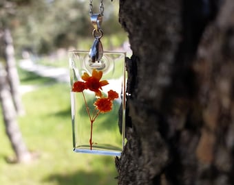 Real Dried Flower Necklace, Rectangle Resin Pendant, Botanical Jewelry