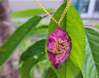 Purple Resin Necklace | Hand Painted Floral Pendant | Botanical Art Jewelry | Nature Inspired Gift