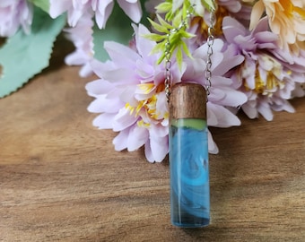 Blue Ocean Necklace, Handmade Resin Wood Pendant, Unique Spiral Jewelry
