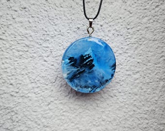 Blue Resin Necklace | Mountain Landscape Pendant | Handmade Nature Jewelry