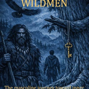 Op de afbeelding: Boekomslagillustratie met de titel "Iam and the WILDMEN". De afbeelding toont een bebaarde man met een staf, een adelaar en een sleutel die aan een boom hangt. De tekst luidt "De mannelijke reis naar innerlijke verbinding."