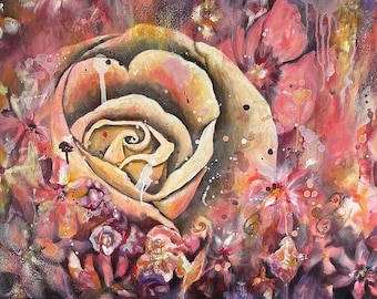Große Leinwand, gelbe Rose, Fantasieblume, Acrylmalerei