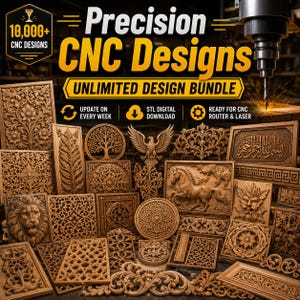 Puede incluir: Una colección de paneles y diseños de madera tallada intrincadamente, que muestra varios patrones, incluidos motivos florales, animales y geométricos. La imagen incluye el texto "Precision CNC Designs" y "Unlimited Design Bundle."