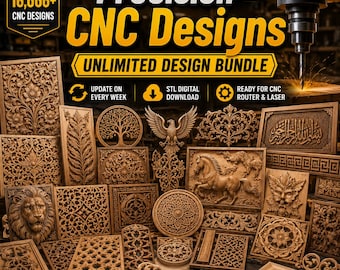 May include: A collection of intricately carved wooden panels and designs, showcasing various patterns, including floral, animal, and geometric motifs. The image includes text that reads "Precision CNC Designs" and "Unlimited Design Bundle."