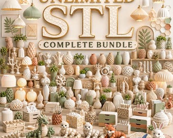 May include: A display of various 3D-printed decorative items, including vases, lamps, and figurines, with the text "UNLIMITED STL COMPLETE BUNDLE". The items are in neutral tones and arranged on shelves.