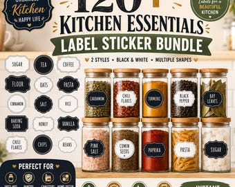 May include: A digital graphic for a 120+ kitchen essentials label sticker bundle. The image displays various black and white decorative labels with text like Sugar, Tea, and Coffee, alongside ten glass jars with wooden lids filled with spices.