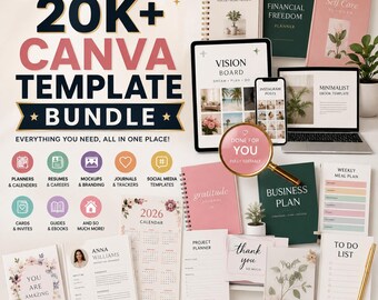 May include: A digital product bundle featuring 20K+ Canva templates including planners, resumes, journals, and social media graphics. The display shows various notebooks, a laptop, and a tablet with text overlays like Daily Plan and Business Plan.