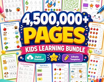May include: A digital kids learning bundle featuring 4,500,000+ pages of educational worksheets including alphabet tracing, number tracing, color by number, maze adventure, shapes, matching, counting, word building, handwriting, and addition.