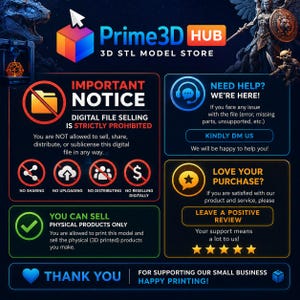 May include: A promotional graphic for Prime3D HUB, a 3D STL model store. The image features the store's logo, a notice about digital file selling restrictions, and information about selling physical products. It also includes a call to action for customer support and reviews.