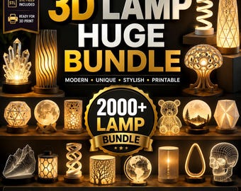 May include: A digital advertisement for a 3D lamp huge bundle containing 2000+ lamp models. The image displays various illuminated lamp designs including geometric shapes, a skull, a globe, a bear, and abstract patterns on shelves.