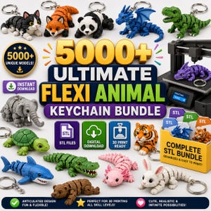 May include: A collection of articulated animal keychains, including a cat, fox, panda, dragon, and dinosaur. The image also features a 3D printer and text that reads "ULTIMATE FLEXI ANIMAL KEYCHAIN BUNDLE".