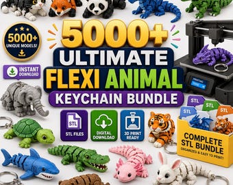 May include: A collection of articulated animal keychains, including a cat, fox, panda, dragon, and dinosaur. The image also features a 3D printer and text that reads "ULTIMATE FLEXI ANIMAL KEYCHAIN BUNDLE".