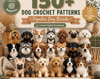 May include: A digital collection of 150+ dog crochet patterns featuring various breeds. The image displays numerous small, crocheted dog figures in different colors and styles, arranged in rows. Text includes 150+ DOG CROCHET PATTERNS.
