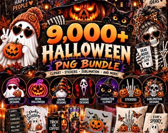May include: A digital Halloween PNG bundle featuring a large jack-o'-lantern, a ghost in a beanie, and a skeleton wearing leopard print. The graphic includes text reading 9,000+ HALLOWEEN PNG BUNDLE, SPOOKY DESIGNS HAPPY PEOPLE, and GOOD DESIGNS SCARY GOOD IDEAS.