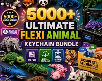 May include: A digital bundle of 5000+ articulated flexi animal keychains featuring various creatures like a cat, fox, panda, dragon, dinosaur, elephant, turtle, shark, crocodile, axolotl, tiger, and rabbit, with STL files for 3D printing.