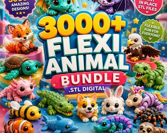 May include: A digital bundle of 3000+ flexi animal 3D printable STL files featuring cartoon-style creatures including a dragon, bat, fox, turtle, eagle, dinosaur, axolotl, crocodile, corgi, rabbit, unicorn, bee, fish, dolphin, and sloth.