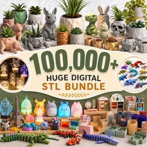 May include: A massive digital STL bundle featuring 100,000+ 3D printable designs. The collection includes geometric planters, animal-shaped pots, skull planters, articulated dragons, light-up character lamps, desk organizers, and various miniature figures.