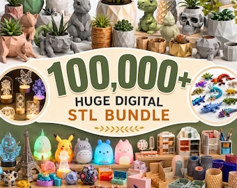 May include: A massive digital STL bundle featuring 100,000+ 3D printable designs. The collection includes geometric planters, animal-shaped pots, skull planters, articulated dragons, light-up character lamps, desk organizers, and various miniature figures.