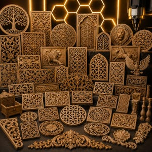 May include: A collection of intricately carved wooden decorative panels and ornaments. The pieces feature various designs, including floral patterns, geometric shapes, and animal motifs like lions and eagles. The collection includes rectangular, circular, and arched shapes.