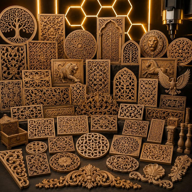 May include: A collection of intricately carved wooden decorative panels and ornaments. The pieces feature various designs, including floral patterns, geometric shapes, and animal motifs like lions and eagles. The collection includes rectangular, circular, and arched shapes.