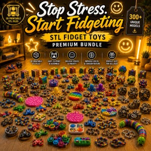 Può includere: Una collezione di colorati fidget toys, tra cui cubi, spinner e pop-its, disposti su una superficie di legno. L'immagine presenta il testo "Stop Stress. Start Fidgeting" e "STL Fidget Toys Premium Bundle". L'immagine include anche icone e il testo "3D Printable STL Files".