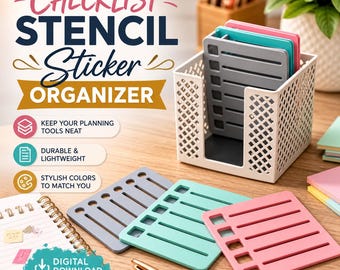 May include: A checklist stencil sticker organizer with gray, teal, and pink stencils. The organizer is white and holds the stencils. The image includes the text "CHECKLIST STENCIL Sticker ORGANIZER" and "DIGITAL DOWNLOAD STL FILE".