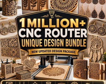 May include: A digital collection of 1 million plus CNC router designs featuring laser-cut wooden items like wall art, earrings, boxes, and mandalas. The image displays a CNC machine carving a circular pattern into a wooden board with text overlays.