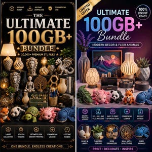 May include: A digital advertisement for a 100GB+ bundle of 20,000+ 3D printable STL files. The image displays various 3D printed items including lamps, vases, desk organizers, and articulated flexi animals like a dragon, turtle, and panda.