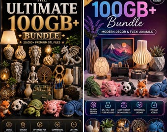 May include: A digital advertisement for a 100GB+ bundle of 20,000+ 3D printable STL files. The image displays various 3D printed items including lamps, vases, desk organizers, and articulated flexi animals like a dragon, turtle, and panda.