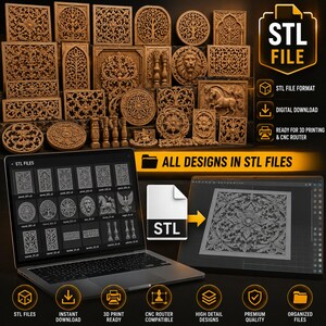 May include: A collection of intricately carved wooden panels and decorative elements, displayed alongside a laptop and tablet showcasing 3D designs. The image includes the text "STL FILE" and highlights features like "STL FILE FORMAT" and "3D PRINT READY."