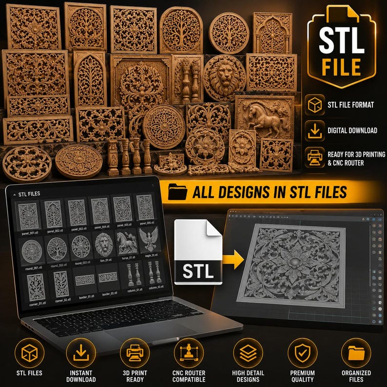 May include: A collection of intricately carved wooden panels and decorative elements, displayed alongside a laptop and tablet showcasing 3D designs. The image includes the text "STL FILE" and highlights features like "STL FILE FORMAT" and "3D PRINT READY."