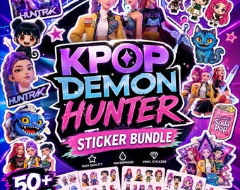 May include: A KPOP DEMON HUNTER sticker bundle featuring over 50 designs of anime-style characters, a blue cat creature, and soda pop graphics. The collection includes various vinyl stickers with vibrant purple and pink neon accents.