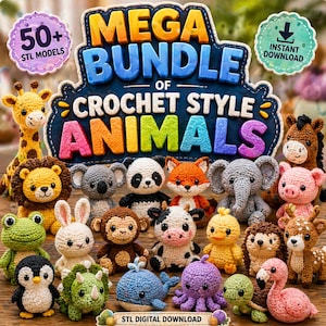 May include: A collection of colorful crochet animal figures, including a giraffe, lion, koala, panda, fox, elephant, pig, frog, rabbit, monkey, cow, duck, hedgehog, deer, penguin, dinosaur, whale, octopus, and flamingo. The image includes text that says "MEGA BUNDLE of CROCHET STYLE ANIMALS".