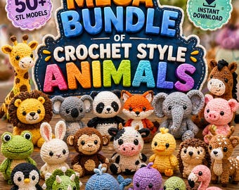 May include: A collection of colorful crochet animal figures, including a giraffe, lion, koala, panda, fox, elephant, pig, frog, rabbit, monkey, cow, duck, hedgehog, deer, penguin, dinosaur, whale, octopus, and flamingo. The image includes text that says "MEGA BUNDLE of CROCHET STYLE ANIMALS".